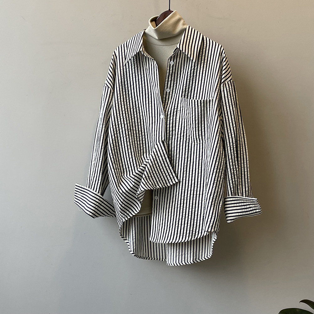 Real shot~Cardigan Companion Striped Long Sleeve Shirt Women's 2023 Autumn and Winter New Loose BF Style Shirt