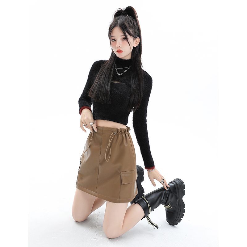 實拍2023秋季時尚抽繩高腰辣妹防走光皮工裝半身裙女