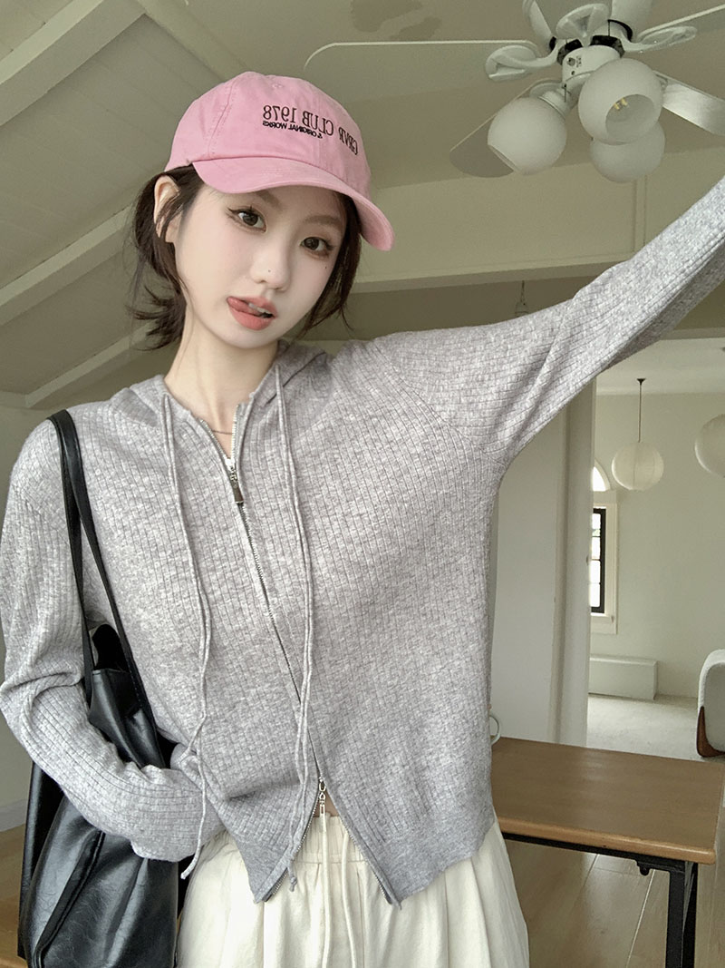 Real shot Korean style lazy style loose and versatile hooded sweater autumn and winter slimming zipper cardigan top