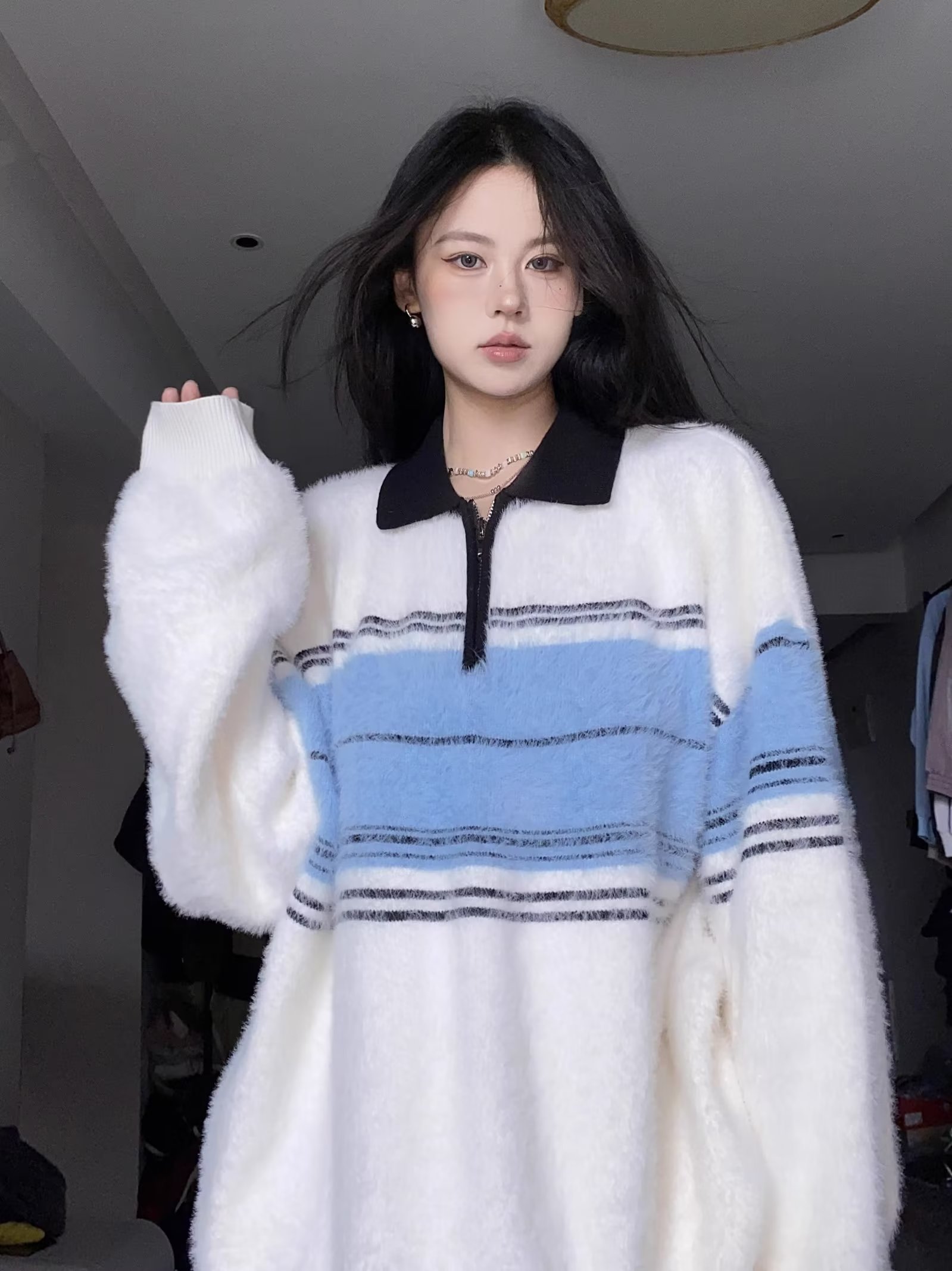 美式復古潮牌條紋翻領毛衣女半拉鏈polo領秋冬針織衫上衣