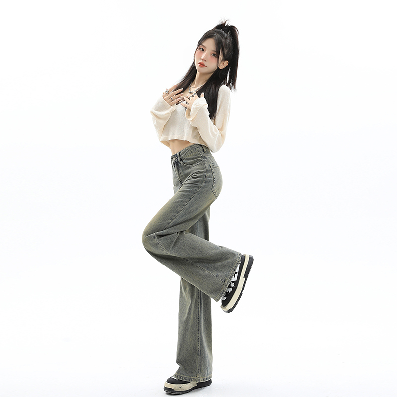 實拍2023秋季寬鬆微喇牛仔拖地褲高街美式牛仔褲女