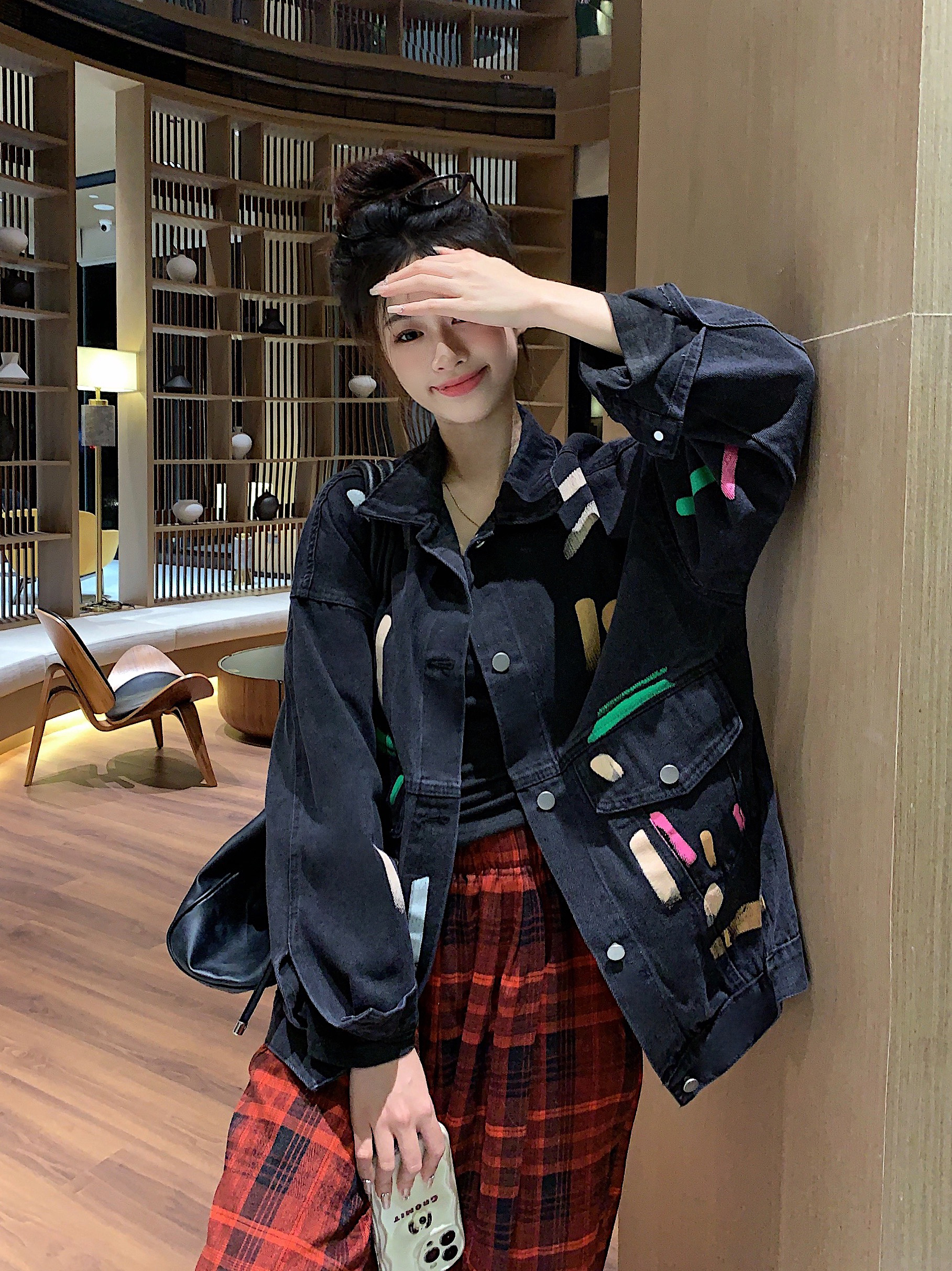 實拍！復古港風塗鴉牛仔外套春秋高街寬鬆休閒工裝夾克上衣