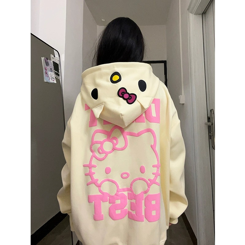 Chinese cotton composite milk silk + silver fox velvet + back collar kitty embroidered autumn and winter loose zipper hooded sweatshirt for women