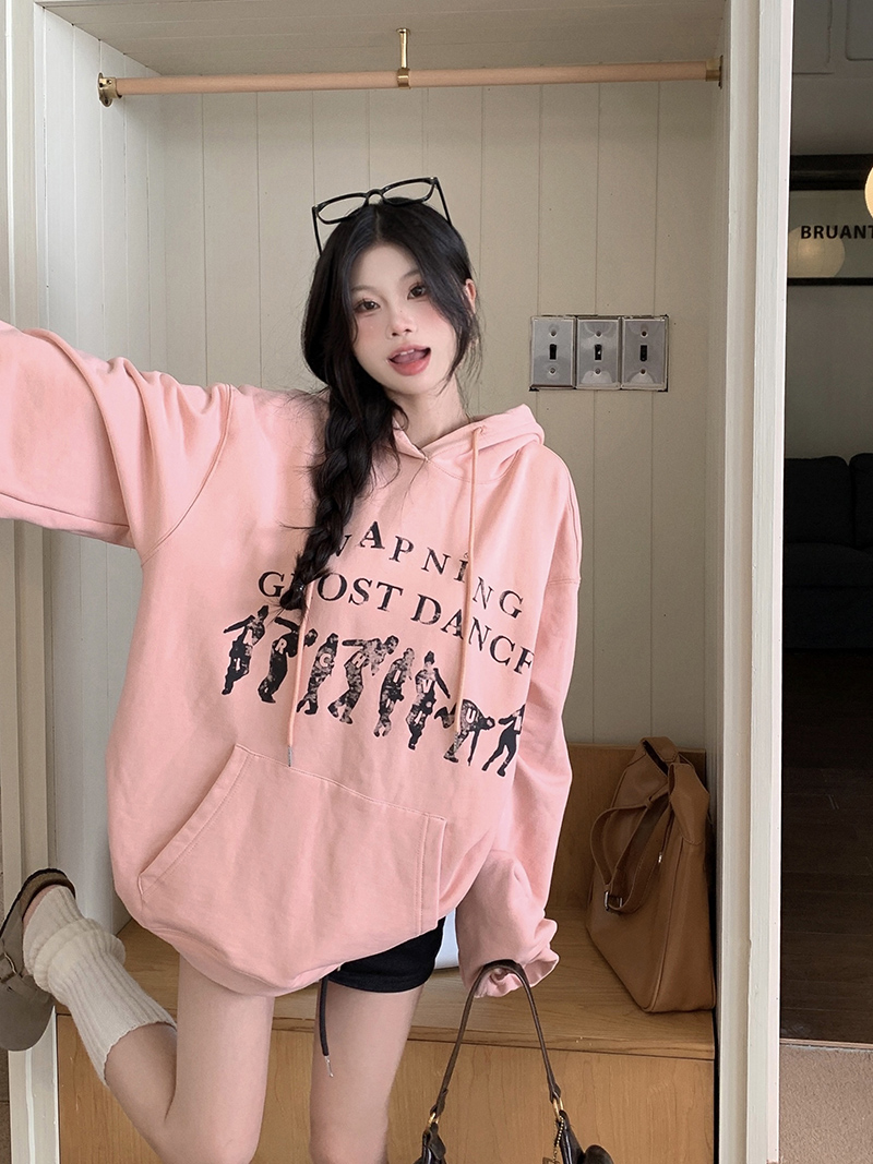 Real shot American retro niche loose printed letter hooded sweatshirt for women lazy ins style