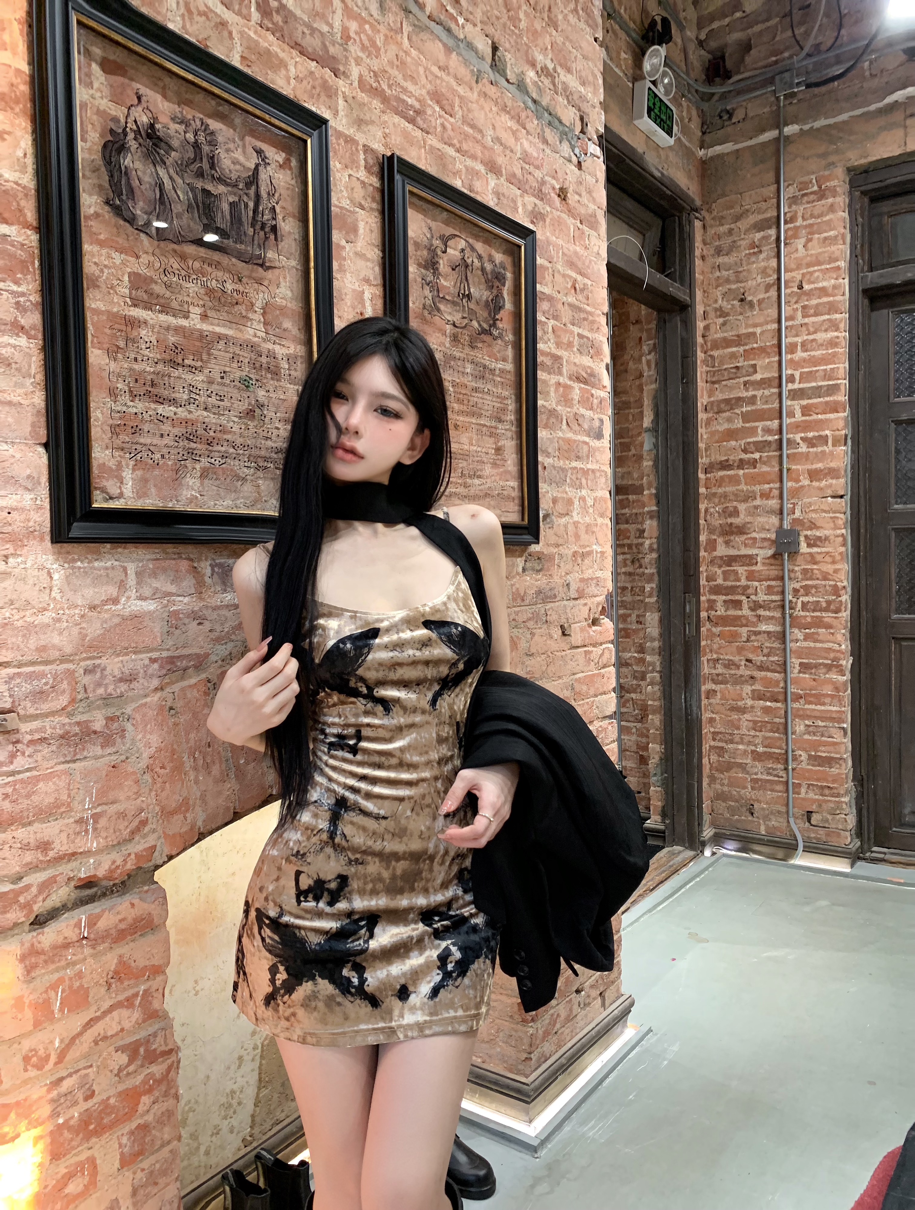 Real shot ~ Retro suit jacket, ink print, waist strap dress, cardigan, hot girl two-piece set