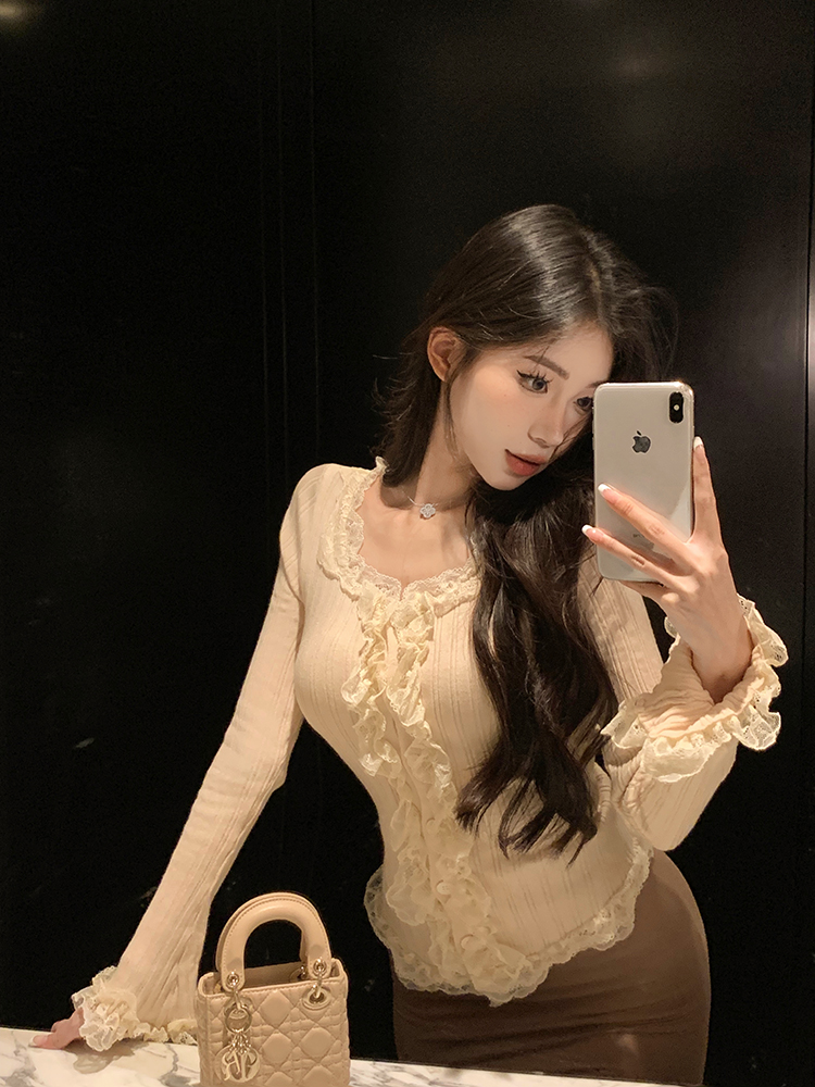 實拍 法式甜心超嗲羊毛細紗拼蕾絲針織衫毛衣