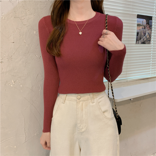 Spring and Autumn  New Round Neck Slim Fit Long Sleeve Bottoming Sweater Top Western Style Inner Sweater Women Autumn and Winter