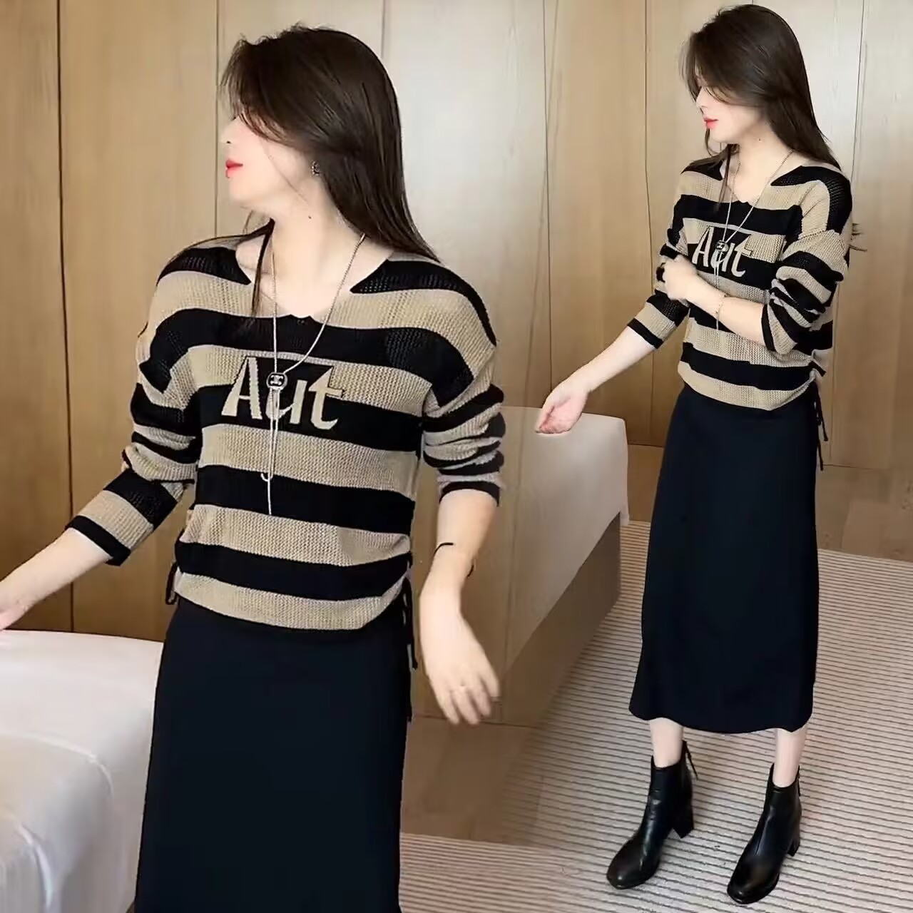 Autumn retro contrast striped sweater v-neck casual versatile long-sleeved pullover sweater outer slimming top for women