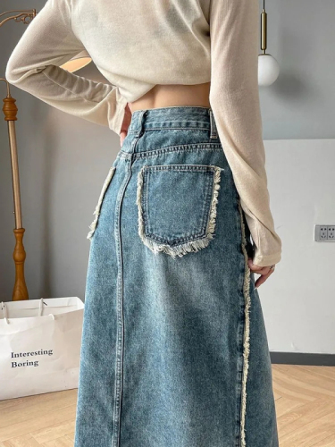 Slit denim skirt for women plus size  new autumn high-waisted A-line raw edge hip-covering mid-length skirt trendy