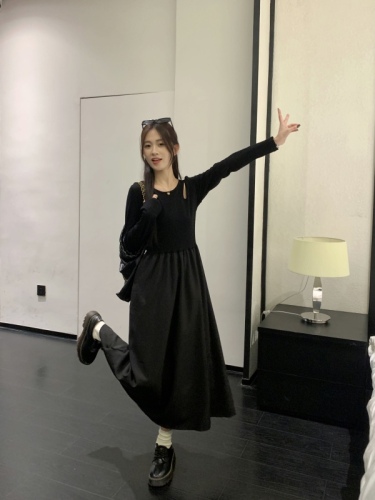 Real shot of autumn and winter women's French black dress with long sleeves, autumn and winter high-end and beautiful long skirt Hepburn style