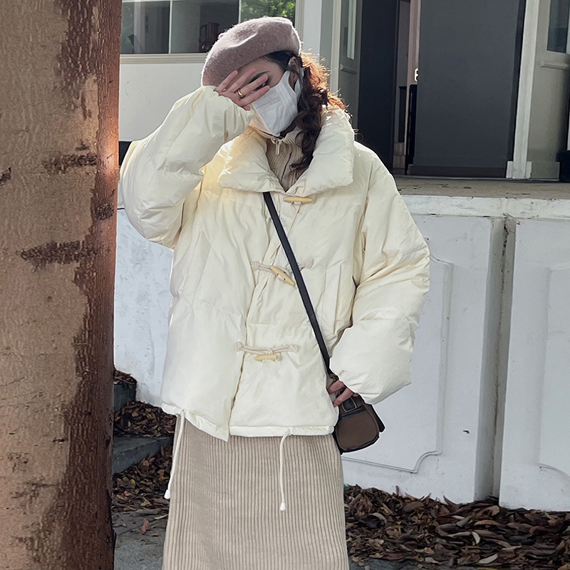 Real shot of Korean down jacket women's short 2023 new Korean style loose horn button cotton jacket