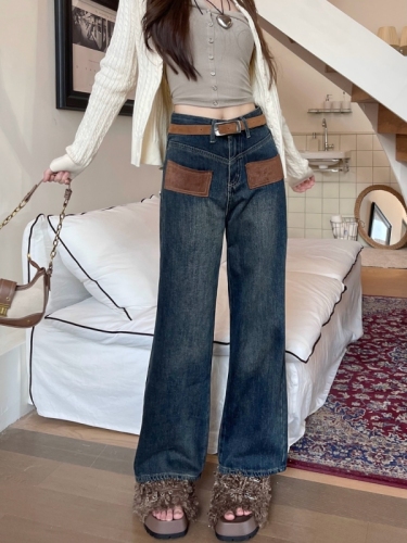 Actual shot#New high street ins straight denim trousers for women with design pockets, loose wide-leg floor-length trousers