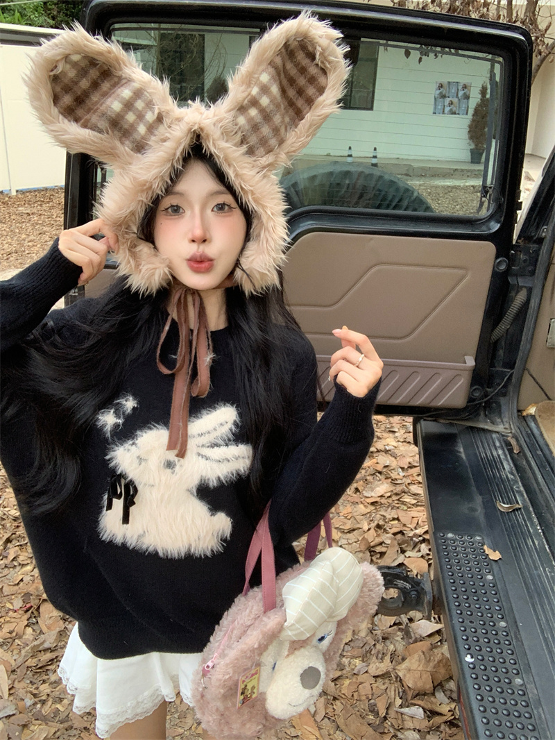 實拍 小奶兔 套頭毛衣針織衫女長袖外穿寬鬆毛衣甜妹