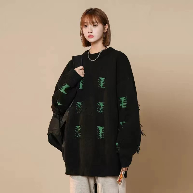秋冬裝大碼女裝網紅毛衣大胖mm設計感小眾慵懶高級破洞針織衫