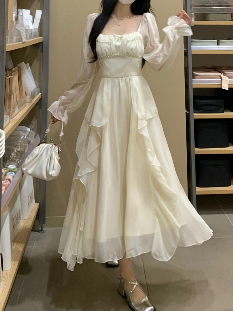 Plus size women's French square collar gentle fairy style long dress spring and autumn slimming belly-covering ruffled temperament long dress