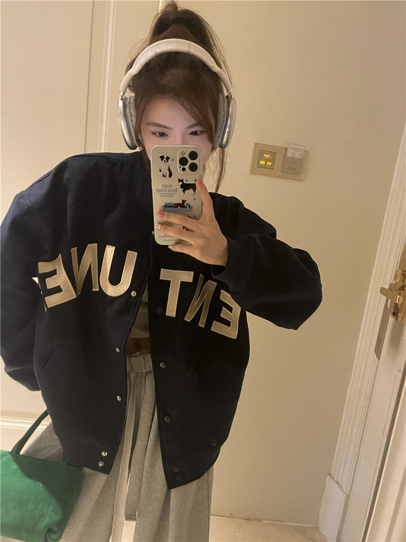 實拍 原創字母 美式復古設計感刺繡字母夾克毛呢厚款長袖外套