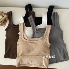 Actual shot~Autumn and winter simple solid color velvet thickened close-fitting inner wear with chest pad thermal vest bottoming shirt for women