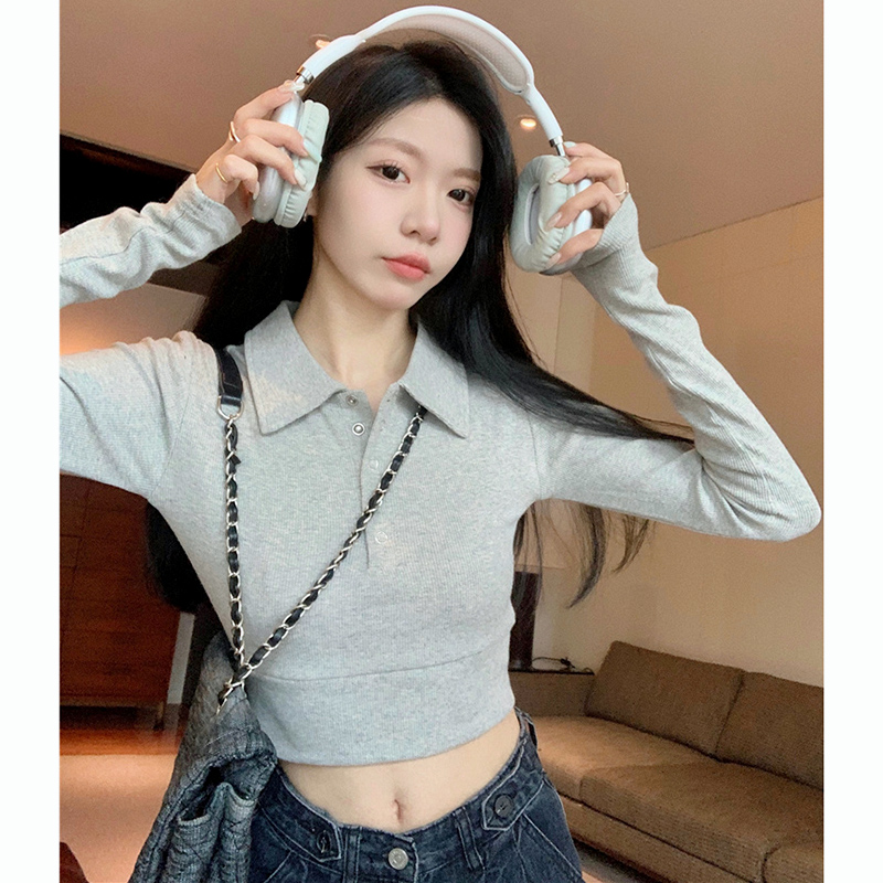 厚款POLO領短款修身T恤女裝灰色正肩打底衫辣妹緊身長袖上衣