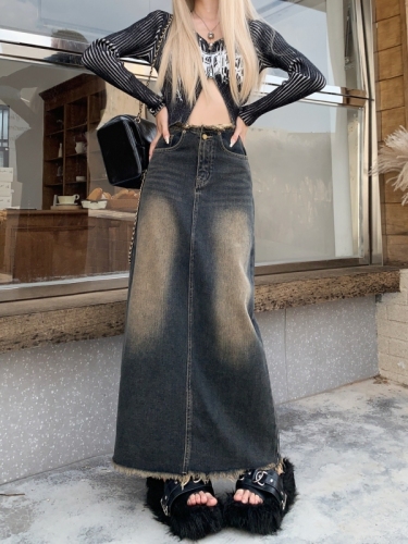 Actual shot#New style raw edge denim skirt women's design A-line hip mid-length skirt