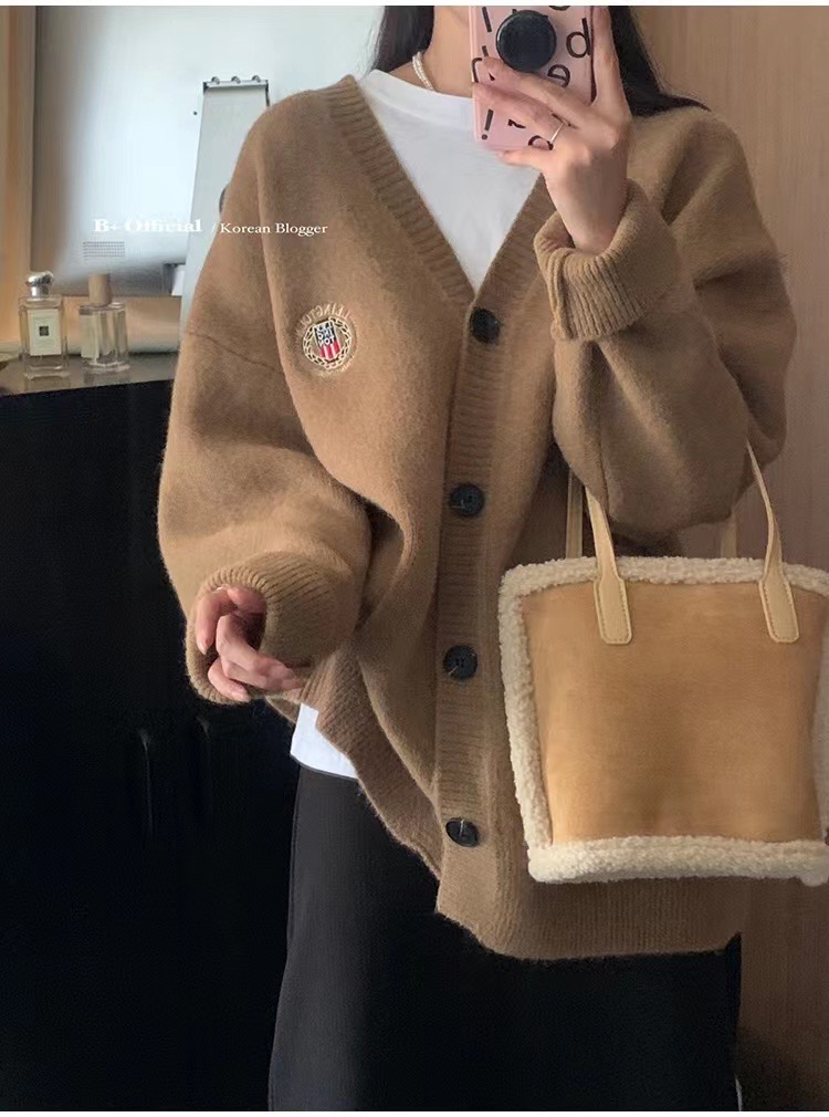 Simple badge embroidered knitted cardigan for women spring and autumn new style loose versatile solid color sweater jacket trendy