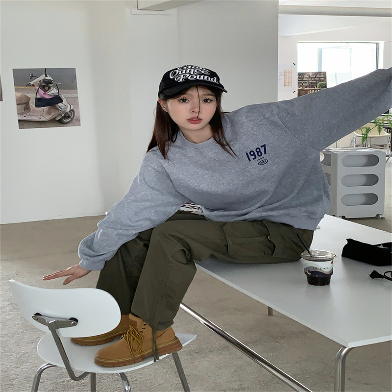 加絨加厚  字母印花衛衣女春秋新款慵懶風寬鬆顯瘦中長款長袖上衣
