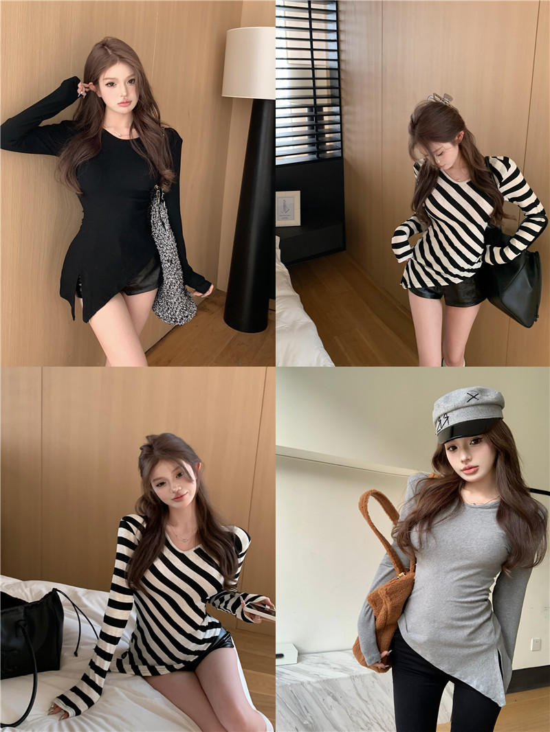 Real shot American irregular V-neck striped long-sleeved hottie T-shirt autumn women's slimming bottoming top