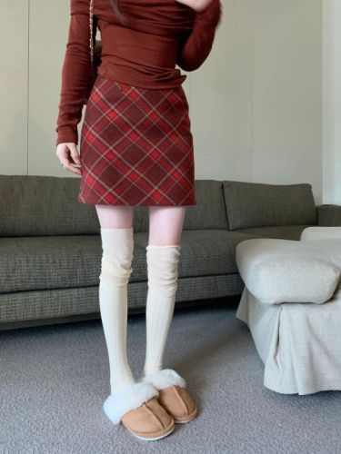 Actual shot ~ Retro plaid woolen skirt, high-waisted, slimming, mid-length, A-line butt-covering, 3 colors/lined