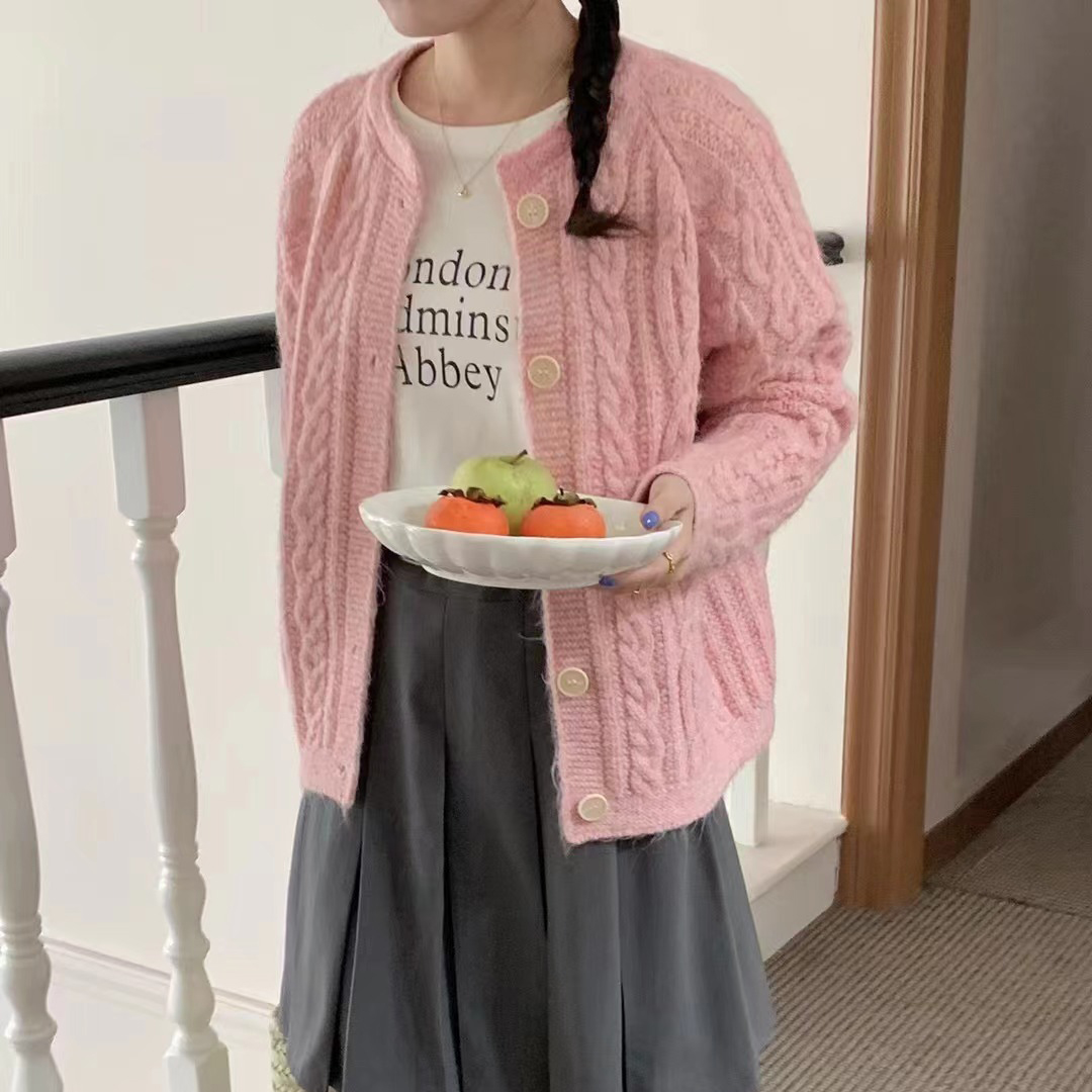 Korean retro twist round neck sweater jacket for women autumn and winter outer wear soft and lazy style high-end knitted cardigan