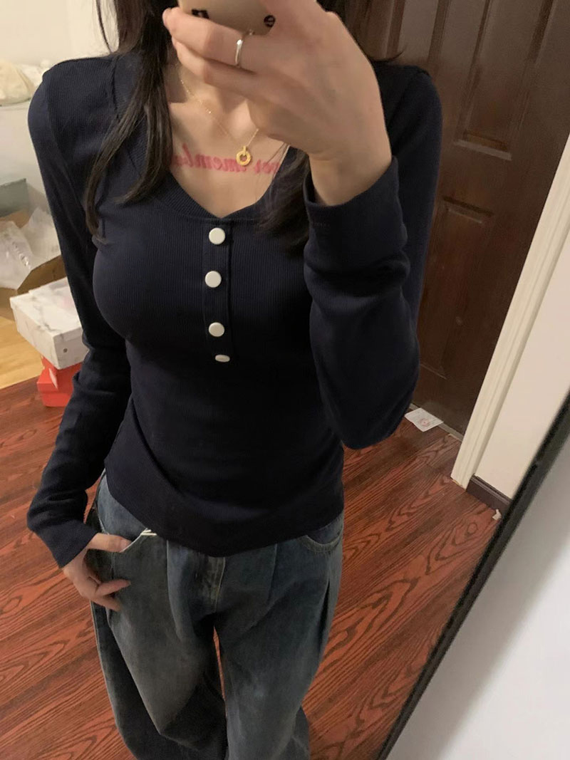 Korean style hot girl design pure cotton V-neck exposed collarbone waist slimming long-sleeved T-shirt