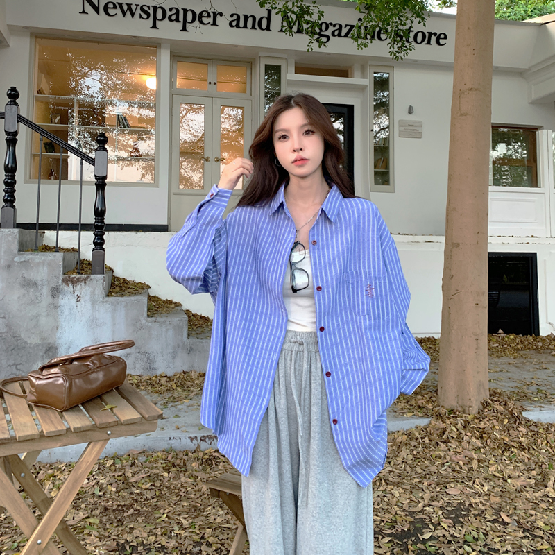 Korean retro striped shirt women's loose 2023 early autumn slim design niche long-sleeved jacket top clothes