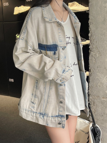 Real shot!  Trendy brand washed beige denim jacket women's loose lapel couple jacket casual spring and autumn style