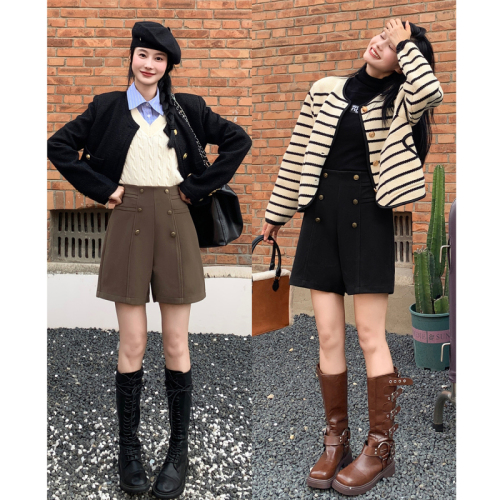 Women's woolen shorts high-waisted A-line autumn and winter design niche slimming double-breasted outer boot pants