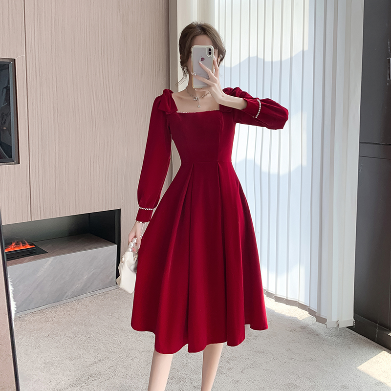 實拍敬酒服小個子新娘2023新款訂婚連衣裙紅色禮服裙秋冬回門長袖