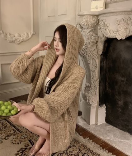 Actual shot of autumn and winter niche lazy style sequin hooded loose long-sleeved knitted cardigan sweater jacket top