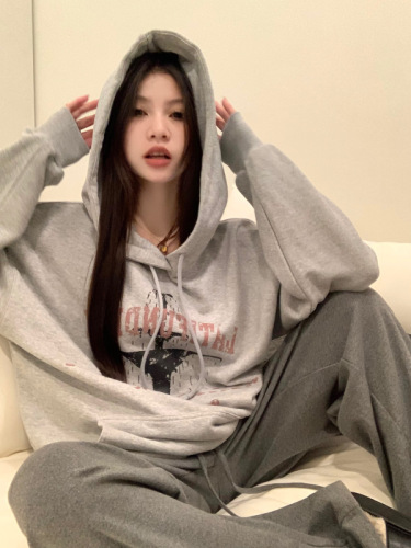 Real shot American retro gray hooded sweatshirt loose oversize hoodie women's autumn and winter top