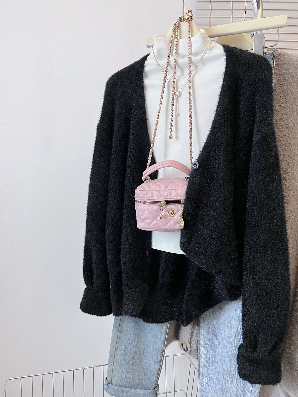 Japanese retro black mink velvet sweater cardigan for women in autumn and winter lazy style slim short knitted jacket top