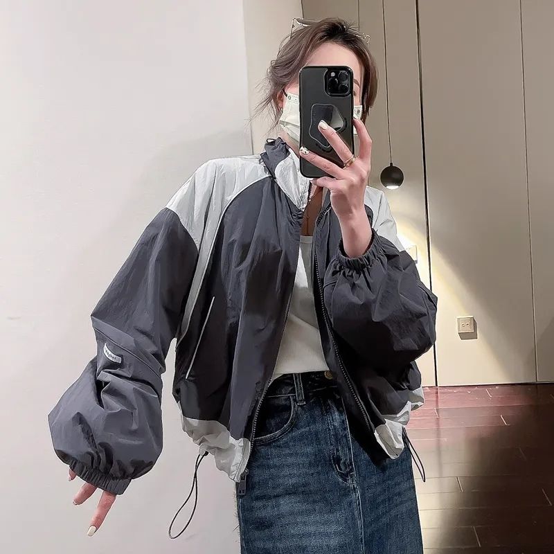 Fashionable and Western-style color-blocked short sun protection clothing for women 2023 spring and summer new style loose stand-up collar drawstring jacket