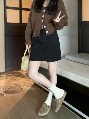 Real shot ~ A-line thick woolen suit short skirt high-waisted slimming skirt