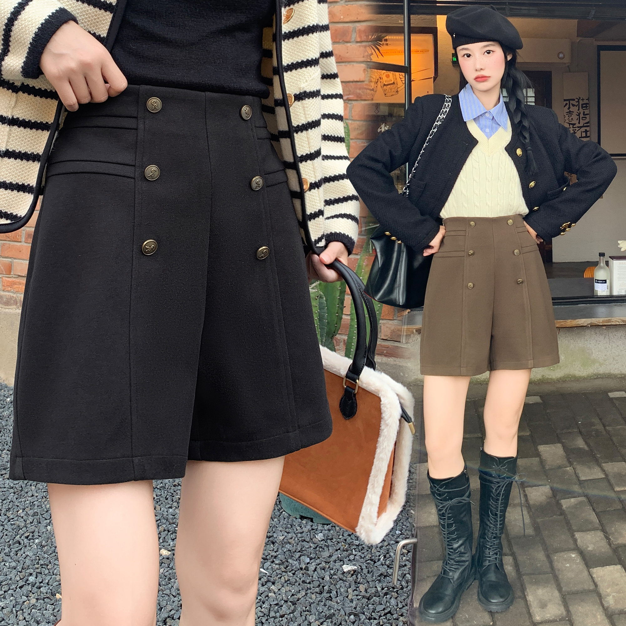 Women's woolen shorts high-waisted A-line autumn and winter design niche slimming double-breasted outer boot pants