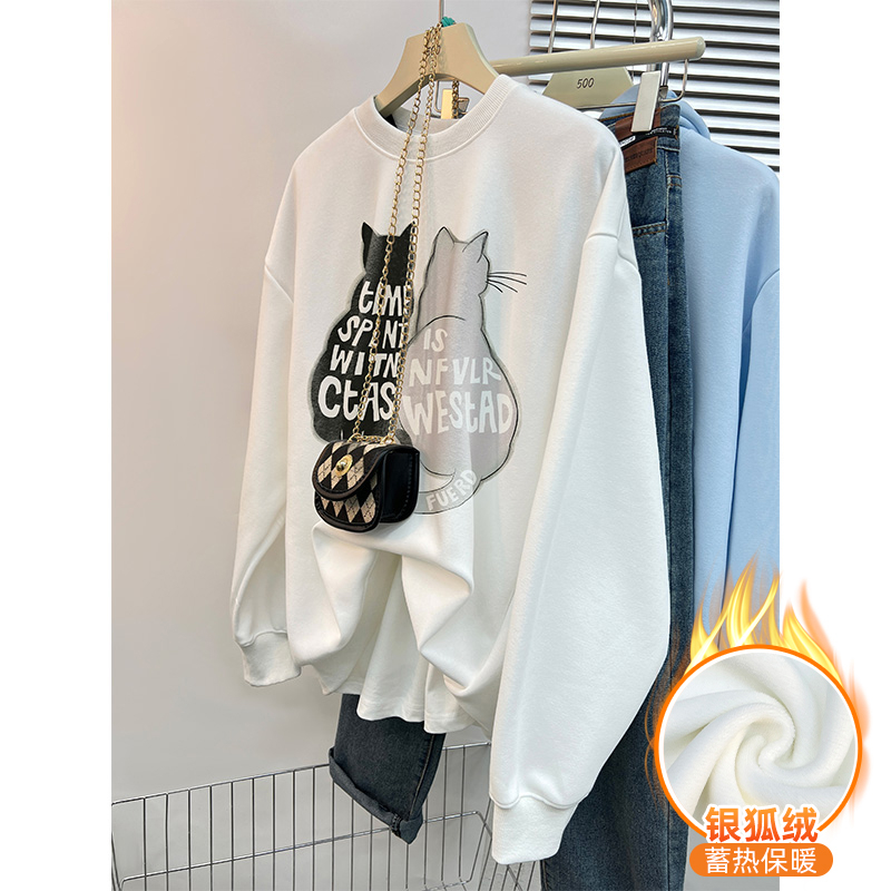 Chinese cotton composite silver fox velvet new autumn and winter loose round neck sweatshirt for women