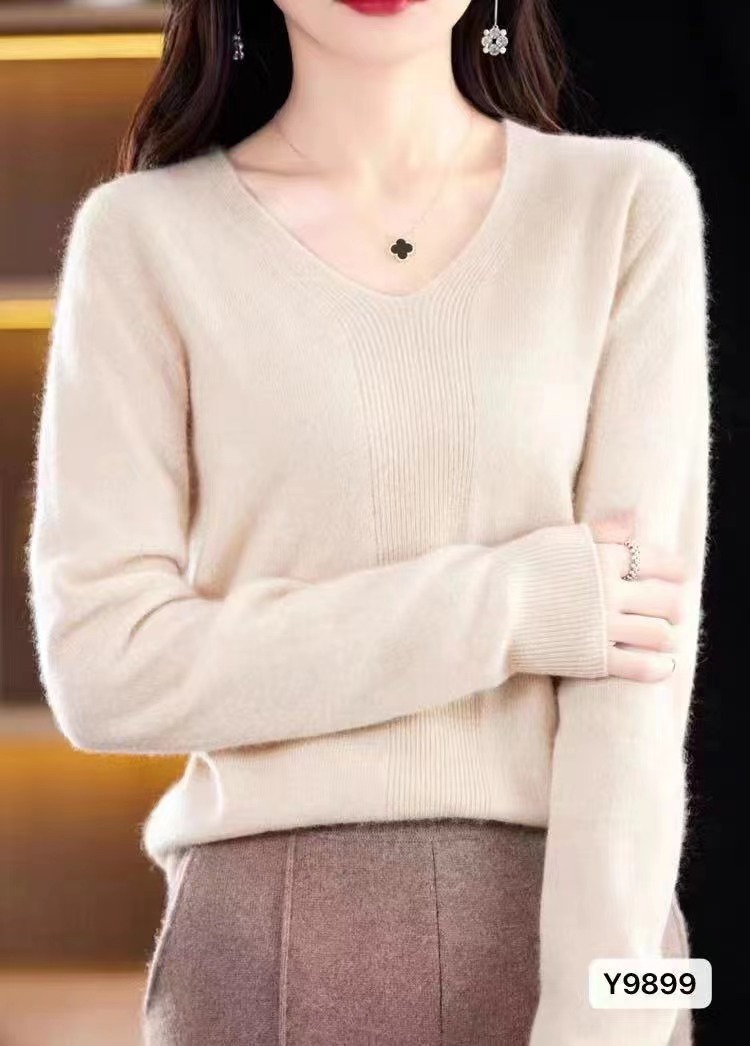 2023秋冬新款韓版時尚洋氣V領純色百搭長袖上衣女