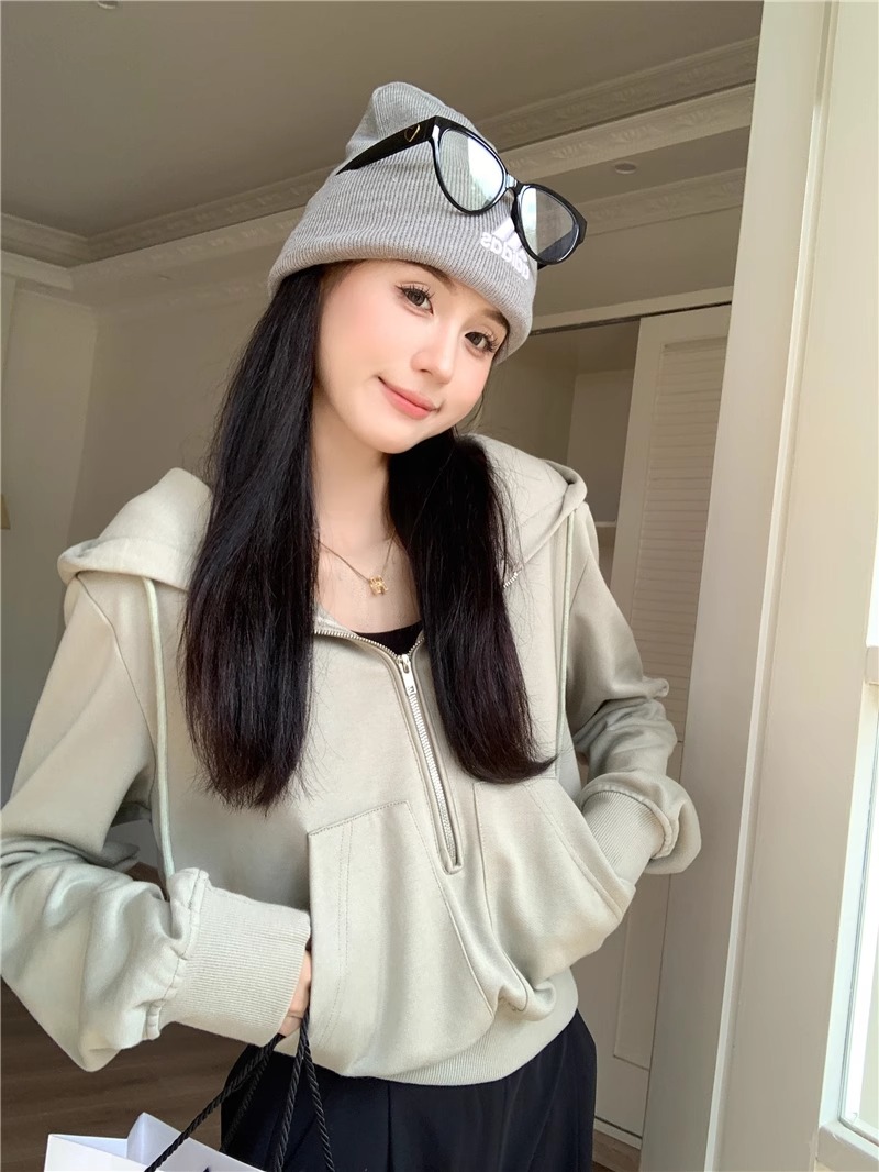 2023年美式潮設計感半拉鏈女裝寬鬆連帽長袖衛衣短款外套上衣