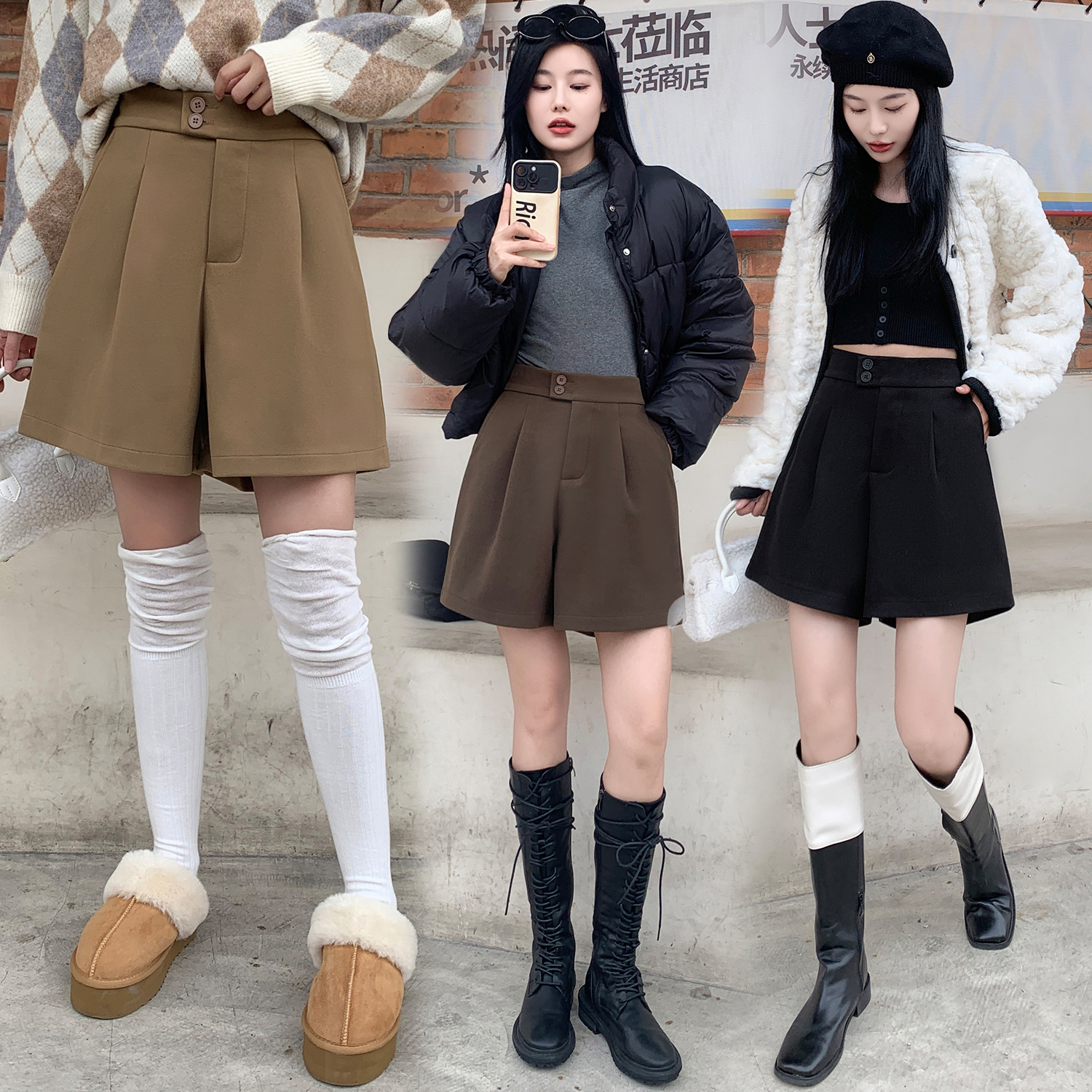 Woolen boot pants for women in autumn and winter, versatile woolen high-waisted wide-leg casual pants, A-line button slimming shorts