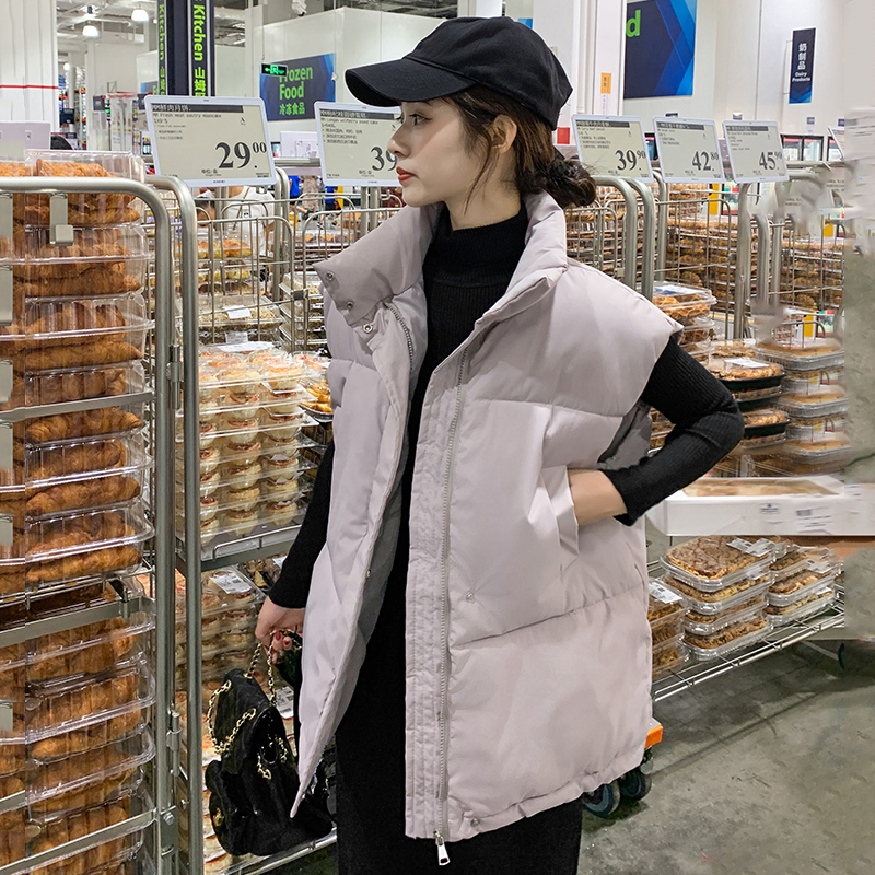 實拍馬甲女士新款2023秋冬立領寬鬆灰色網紅背心坎肩羽絨棉服外套