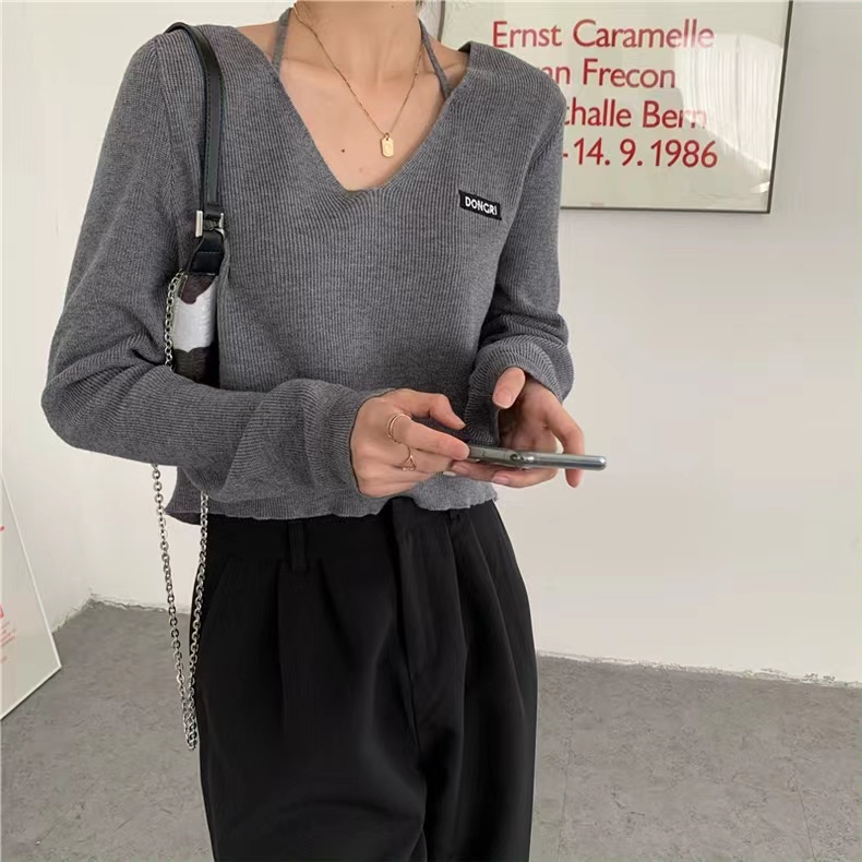 Japanese v-neck chic design bombing street sweater women's loose pure lust style short sweater long-sleeved loose top