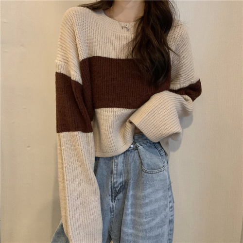 Actual shot ~ New Korean style loose, lazy style, versatile striped color matching long-sleeved knitted pullover sweater for women