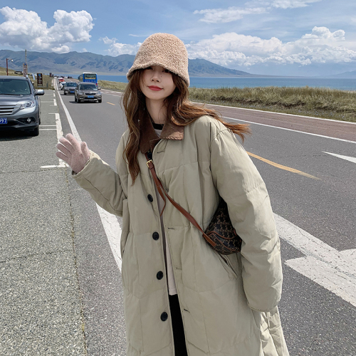 Lapel khaki long down jacket for women  new winter style loose casual Korean style cotton jacket trendy