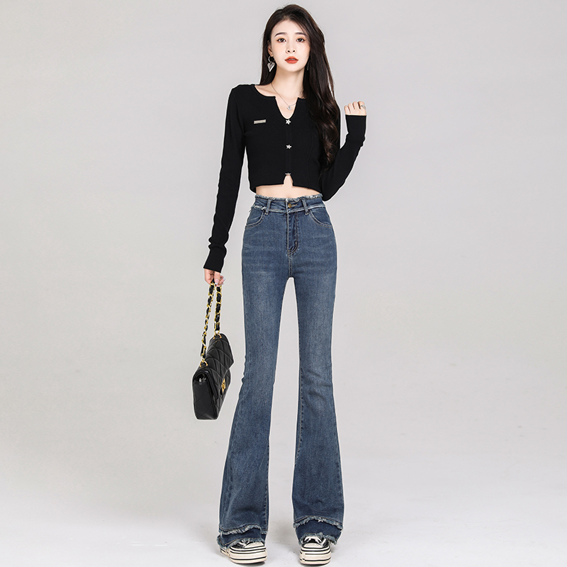 實拍2023秋季復古高腰毛邊彈力喇叭牛仔褲女