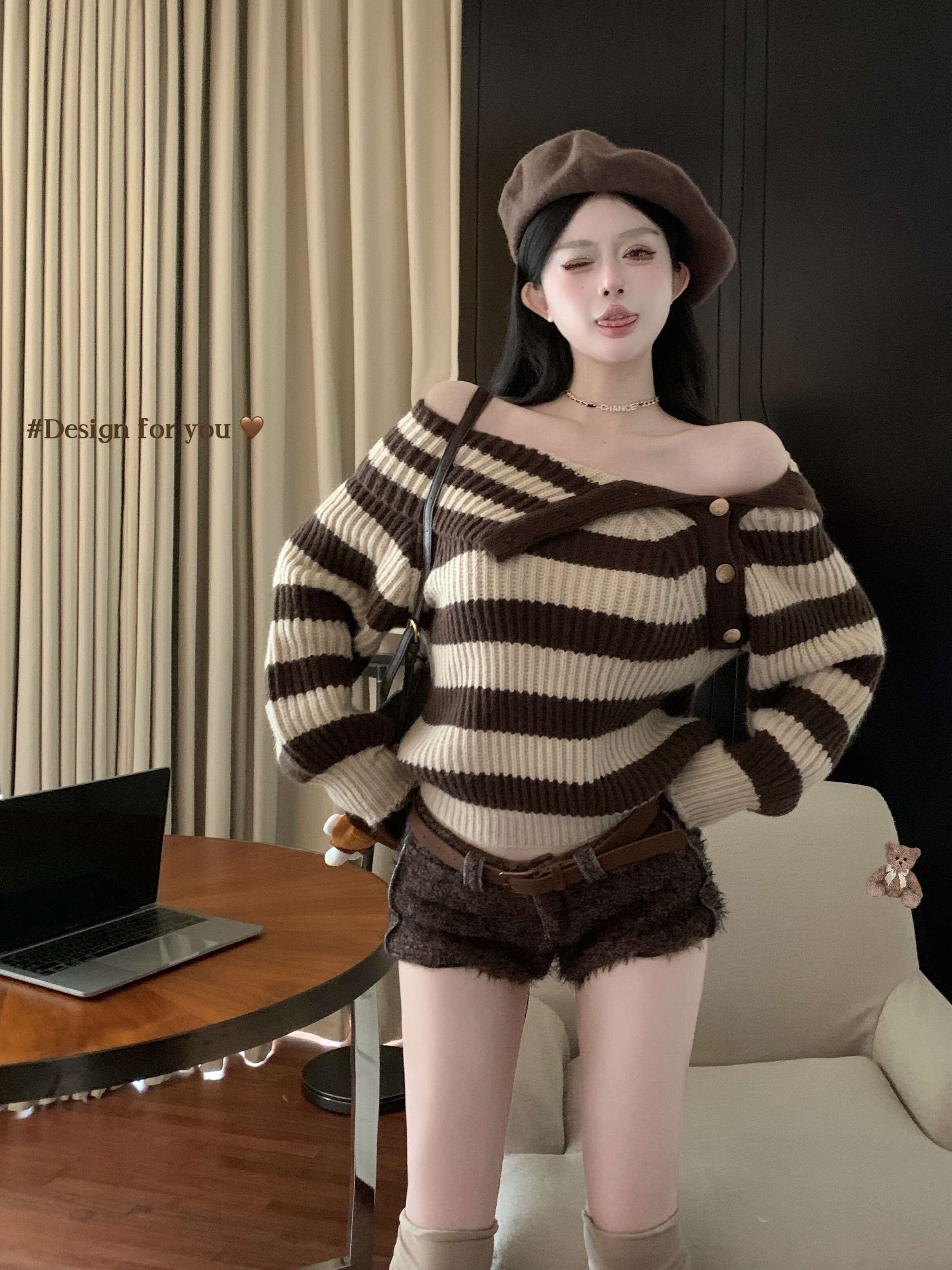 Real shot of a sexy one-shoulder knitted top for a sexy hottie with a slanted open collar striped soft sweater coat