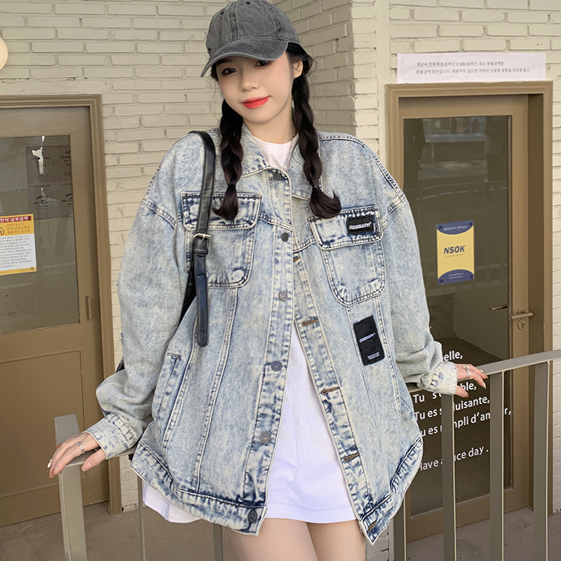 Real shot ~ ins trendy brand heavy industry couple jacket bf loose retro distressed design denim jacket for women
